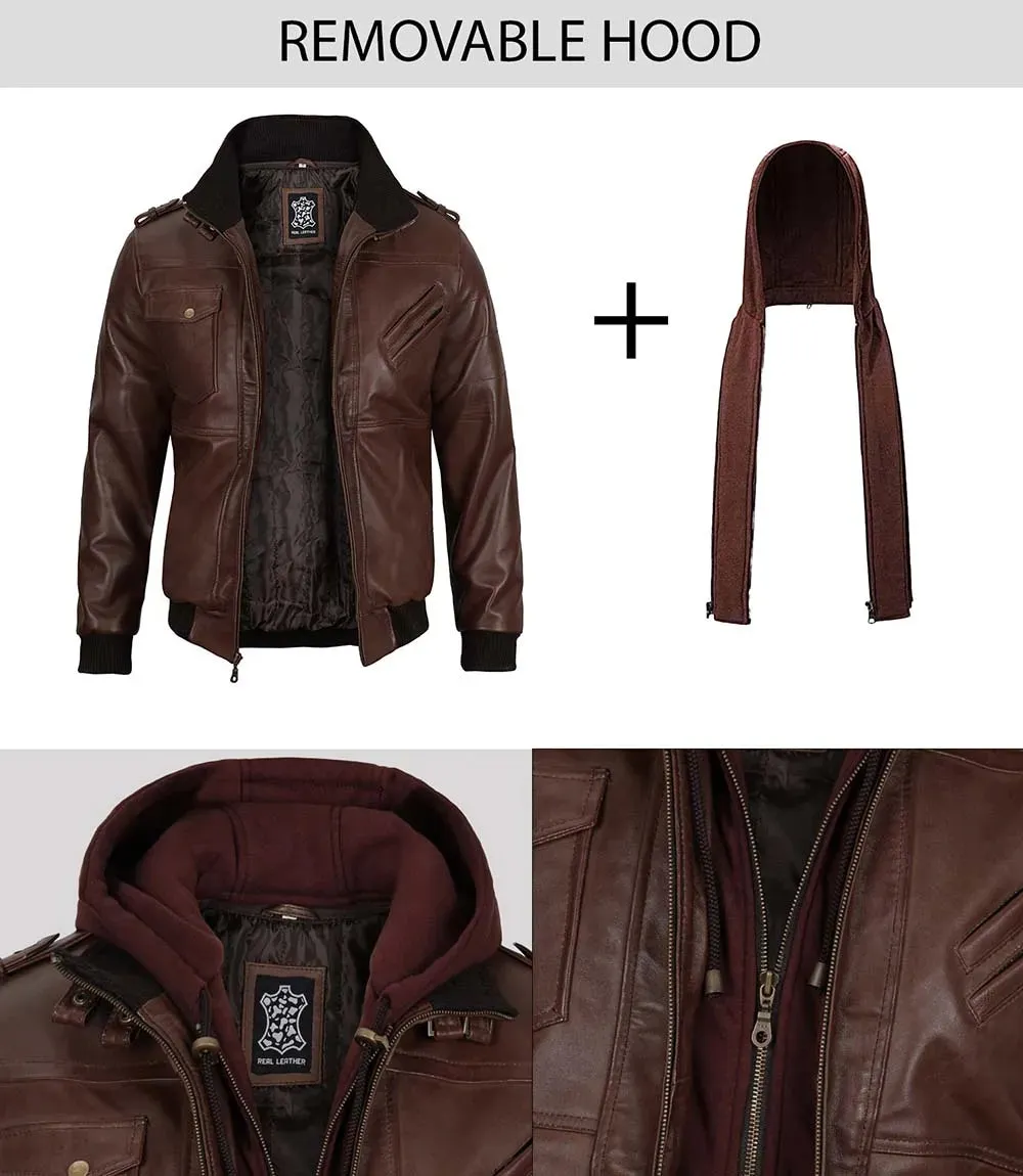 Mens Dark Brown Leather Bomber Jacket with Removable Hood