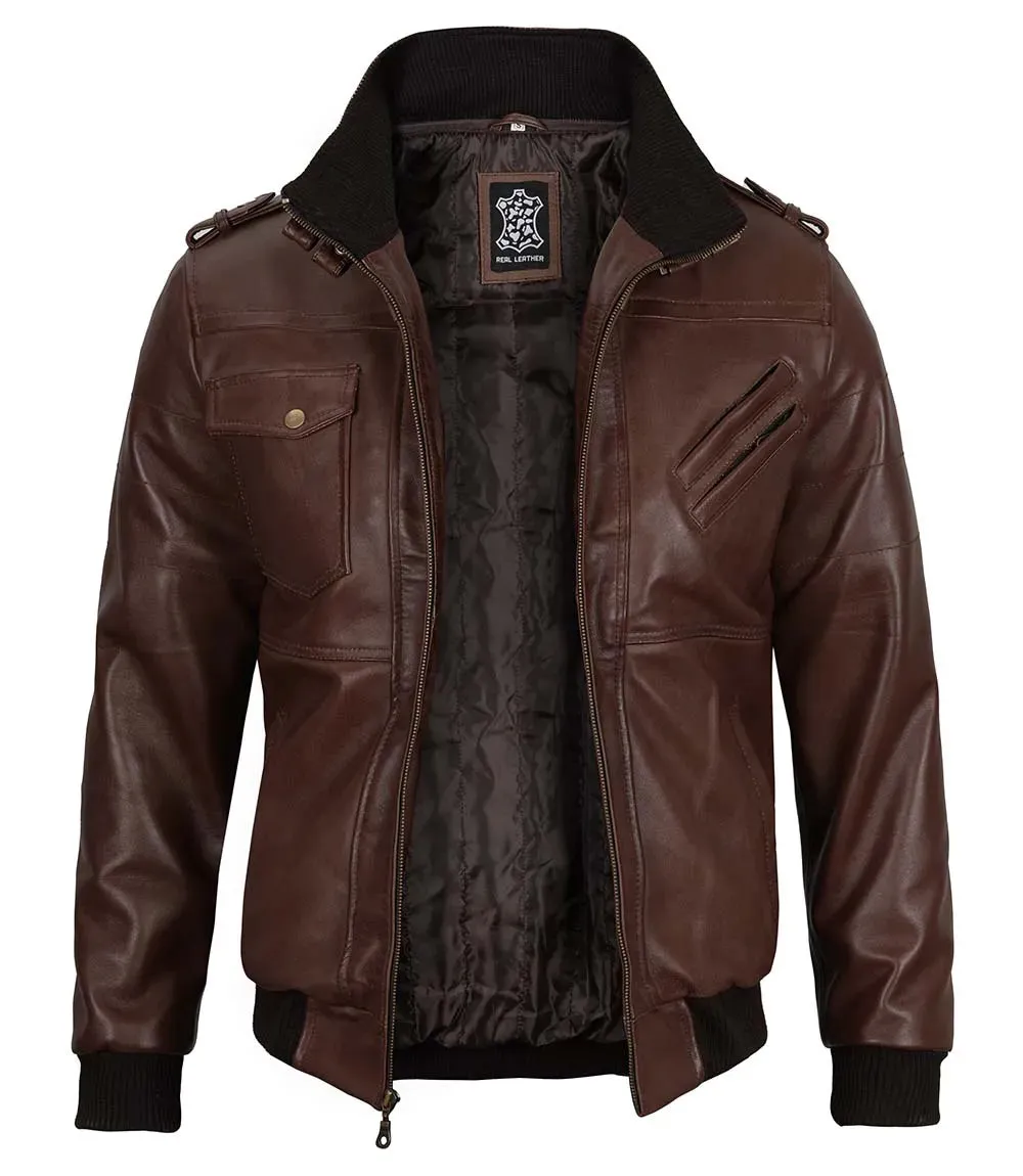 Mens Dark Brown Leather Bomber Jacket with Removable Hood