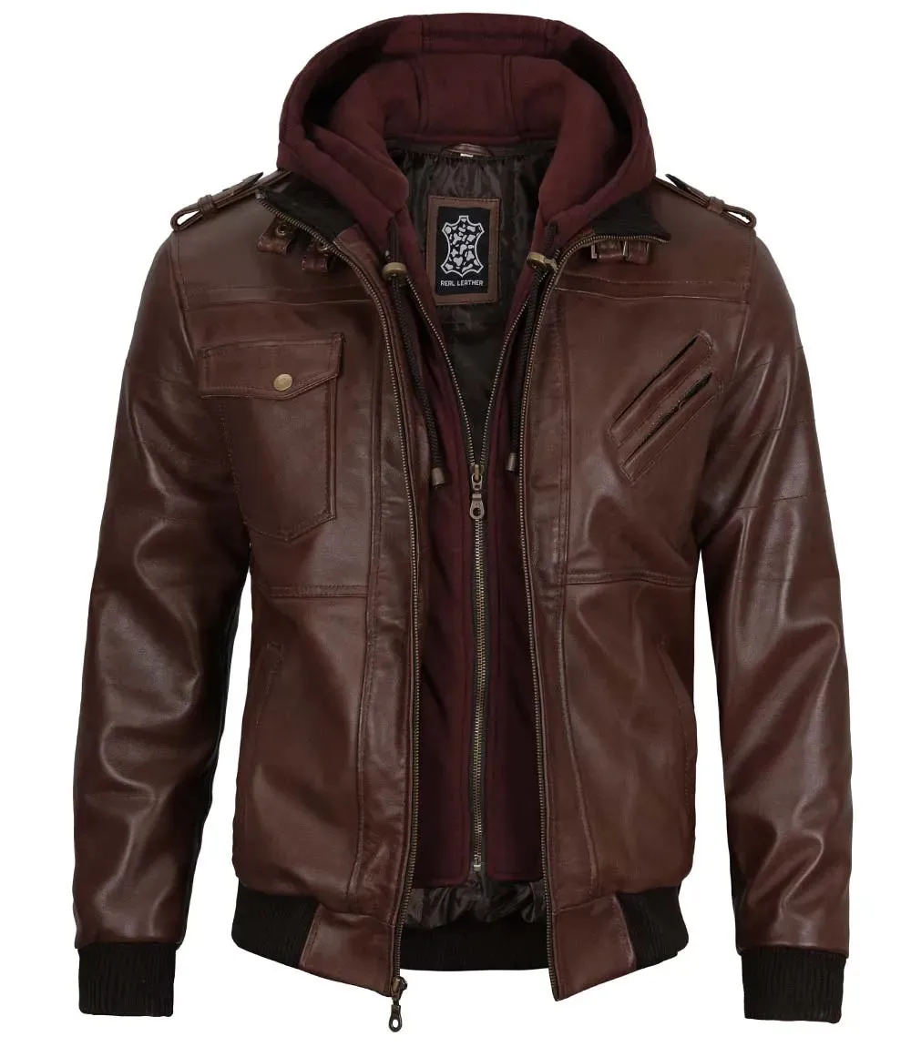 Mens Dark Brown Leather Bomber Jacket with Removable Hood