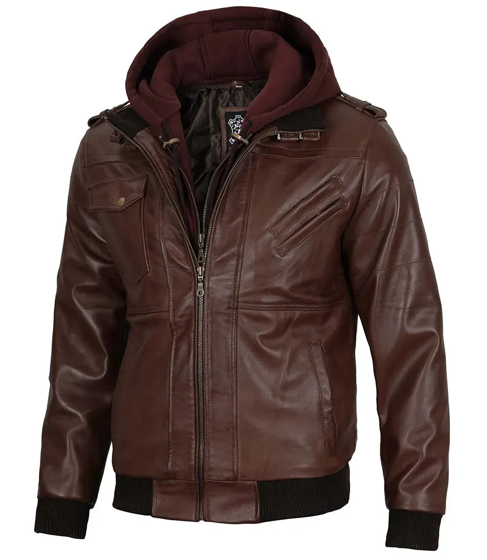 Mens Dark Brown Leather Bomber Jacket with Removable Hood