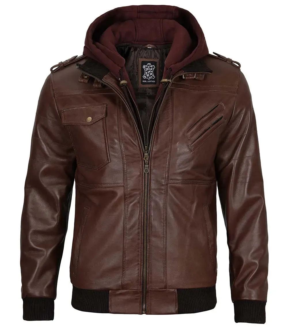 Mens Dark Brown Leather Bomber Jacket with Removable Hood