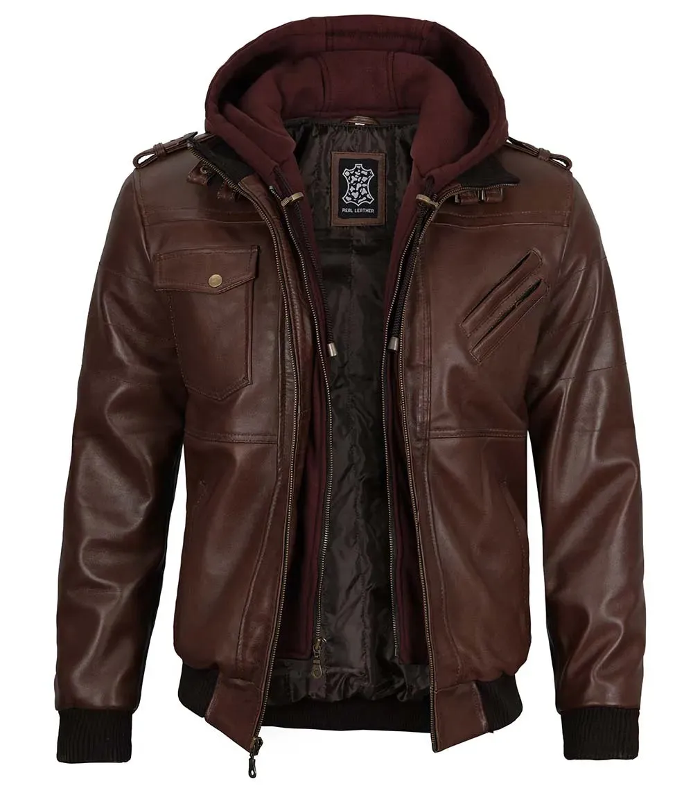 Mens Dark Brown Leather Bomber Jacket with Removable Hood