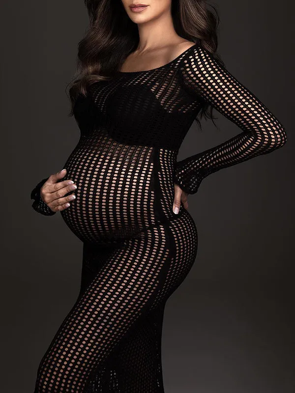 Elegant Black Babyshower Maternity Maxi Dress with Crochet Knitwear and Cutout Details