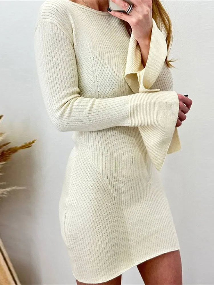 Elegant Flare Long Sleeve Knitwear Mini Dress