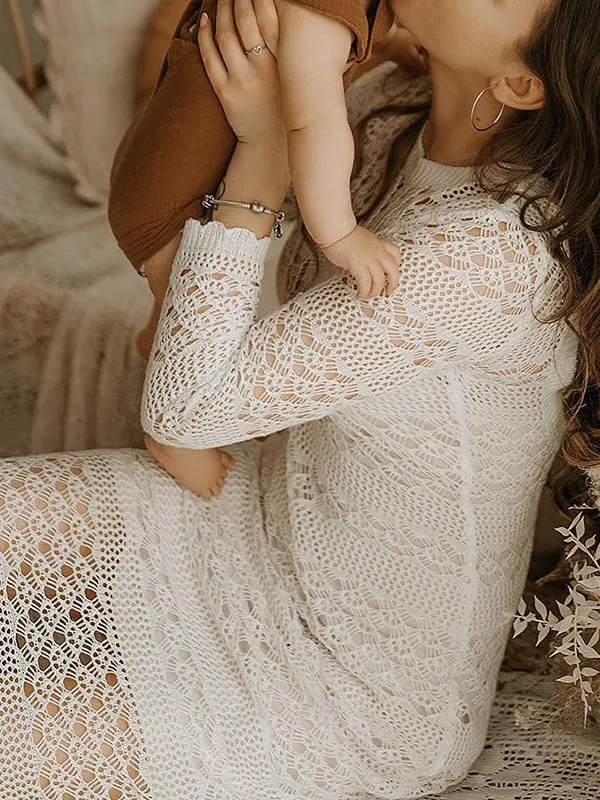 Elegant White Crochet Knitwear Maternity Maxi Dress