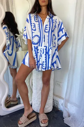 Everyday Loose Rompers with Geometric Print and Patchwork Collar