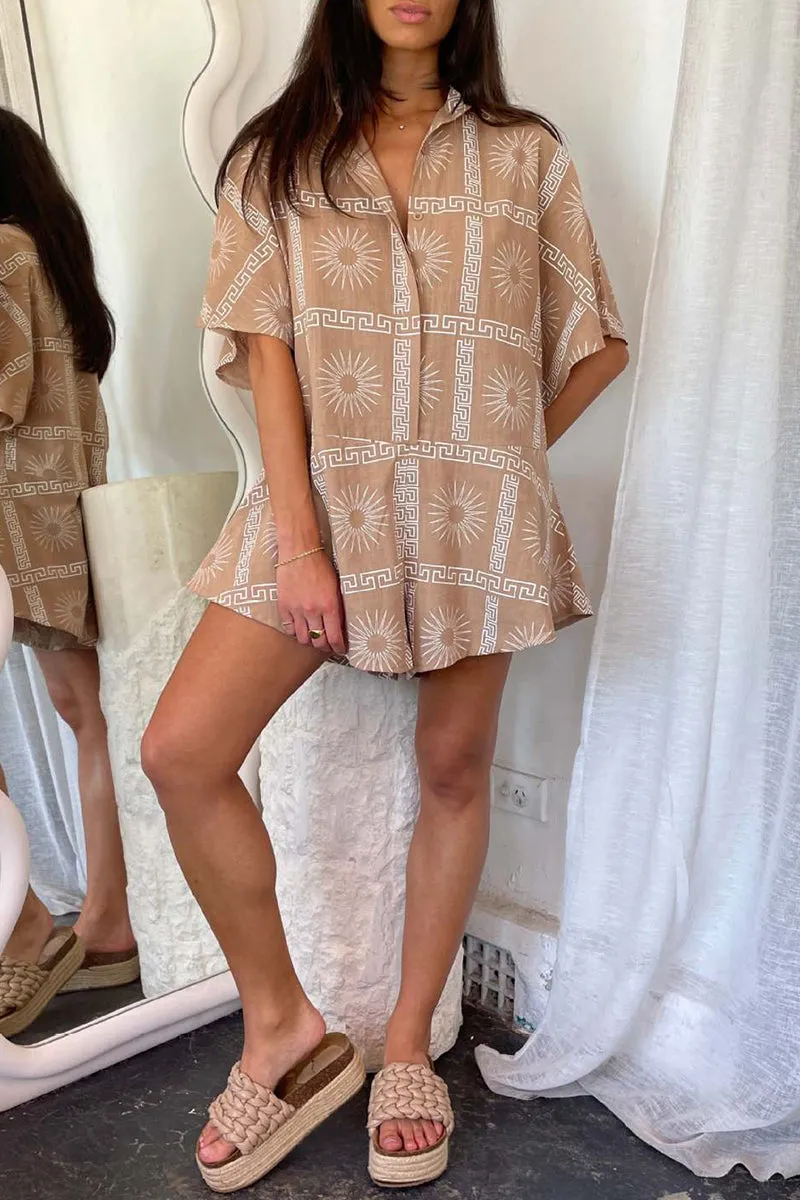 Everyday Loose Rompers with Geometric Print and Patchwork Collar