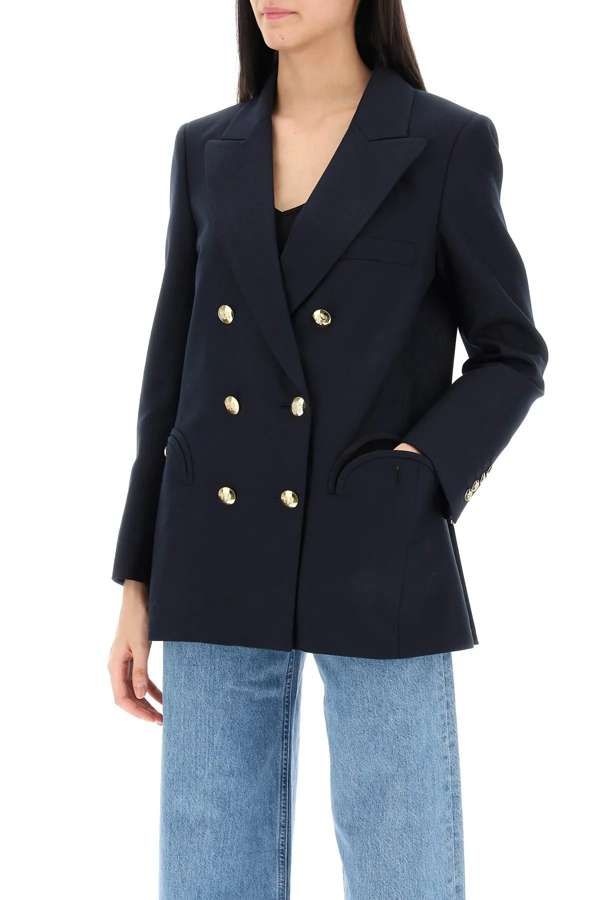 double-breasted blazer in navy Alcanara fabric for every occasion