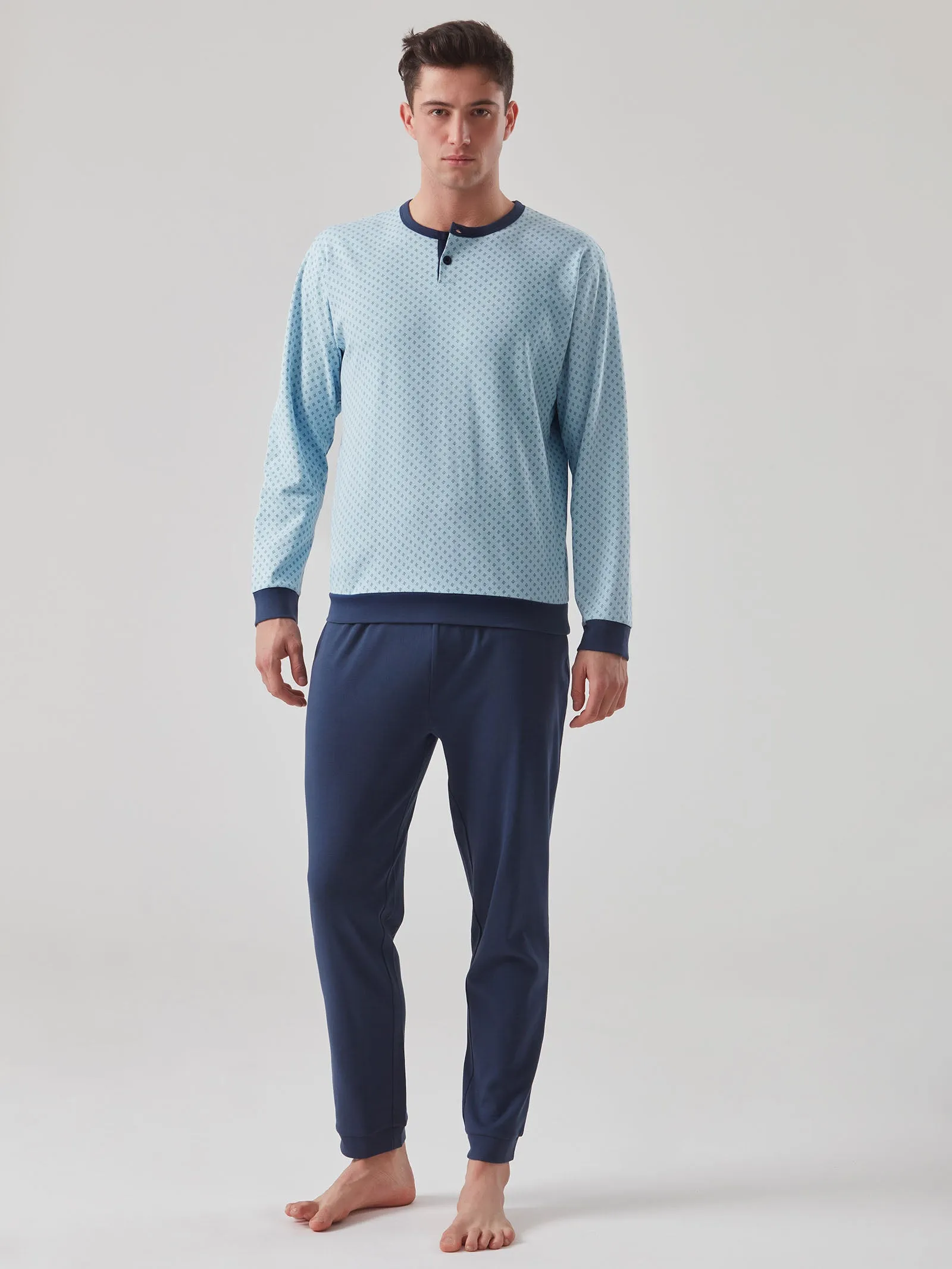 Warm Cotton Henley Pyjama - Azure Blue