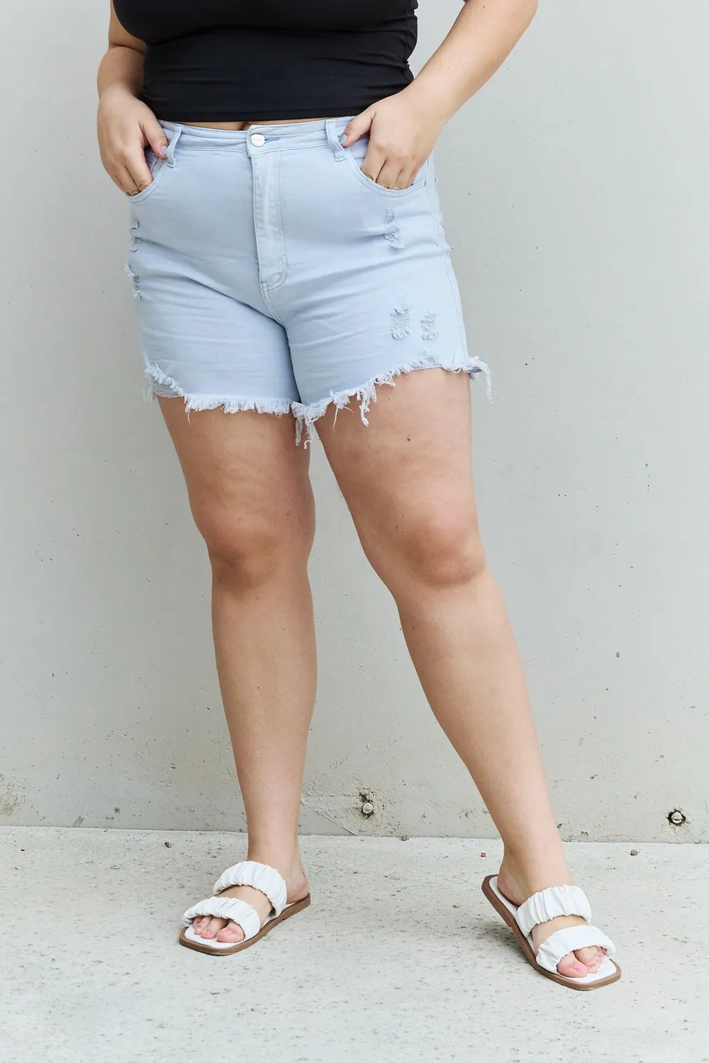 RISEN Katie High Waisted Distressed Shorts in Ice Blue