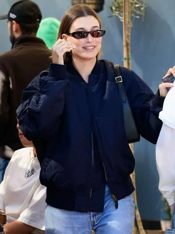 Hailey Bieber Navy Blue Bomber Jacket - New American Jackets