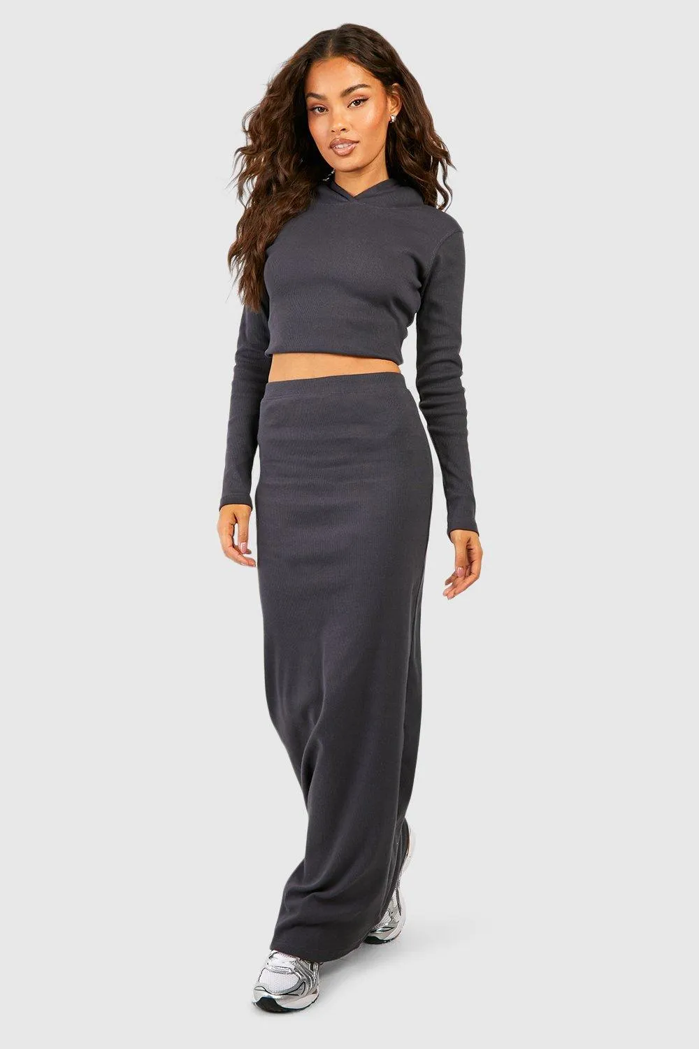 Heavy Weight Rib Cropped Tracksuit Set: Hoodie And Skirt | boohoo