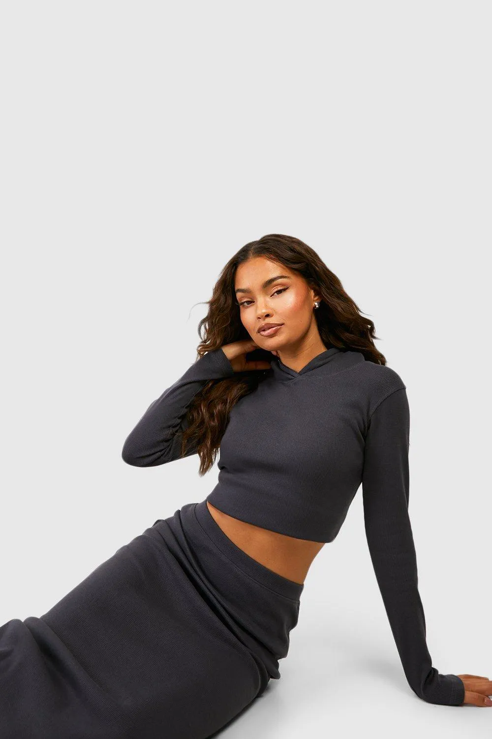 Heavy Weight Rib Cropped Tracksuit Set: Hoodie And Skirt | boohoo