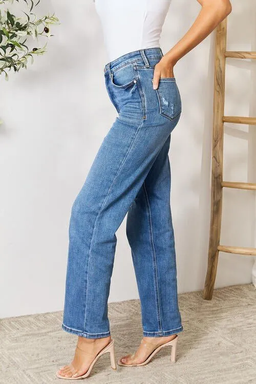 High-Waisted Distressed Jeans