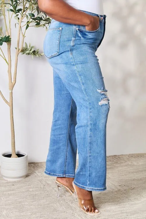 High-Waisted Distressed Jeans