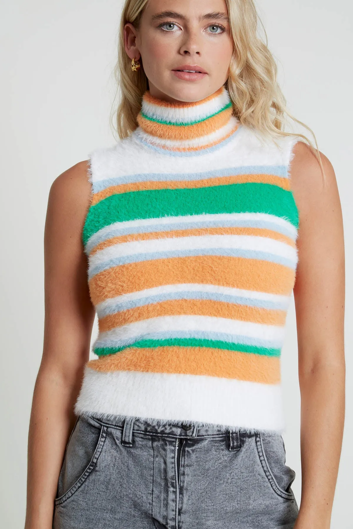 Striped Roll Neck Fluffy Knit Vest by IFI