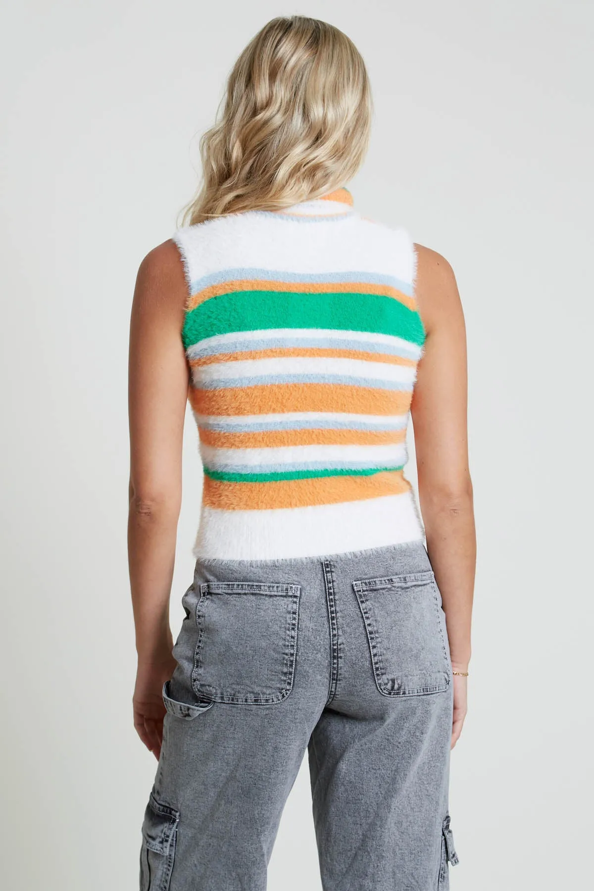 Striped Roll Neck Fluffy Knit Vest by IFI