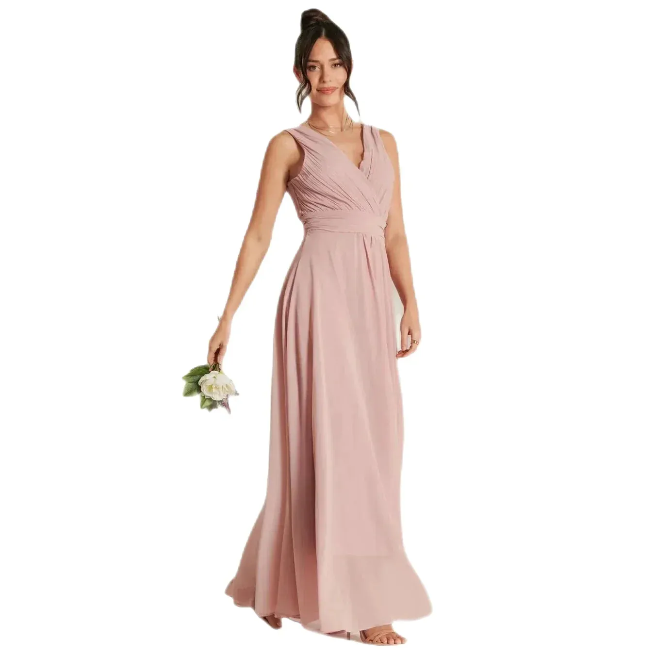 Blush Pink V-Neck Pleated Bodice Maxi Dress