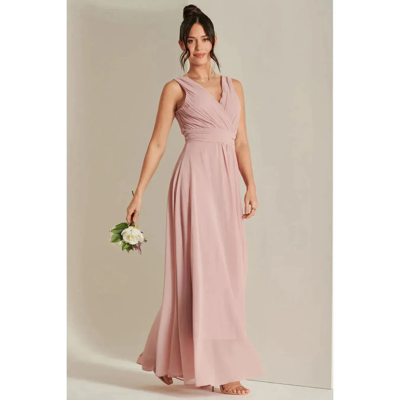 Blush Pink V-Neck Pleated Bodice Maxi Dress