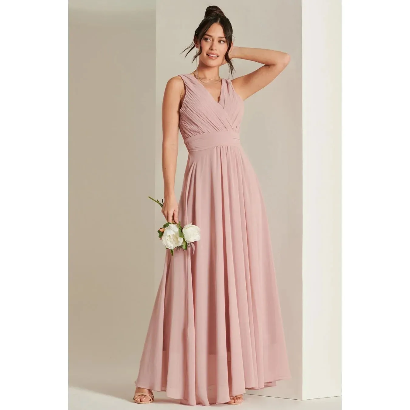 Blush Pink V-Neck Pleated Bodice Maxi Dress