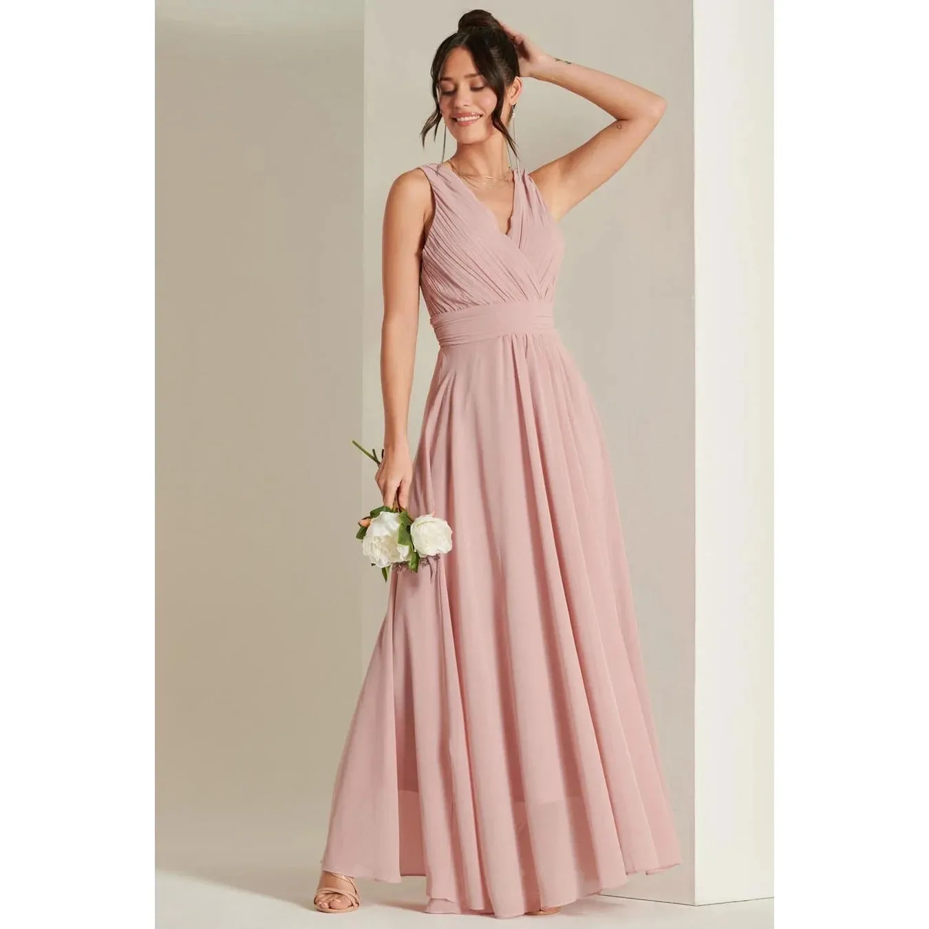 Blush Pink V-Neck Pleated Bodice Maxi Dress