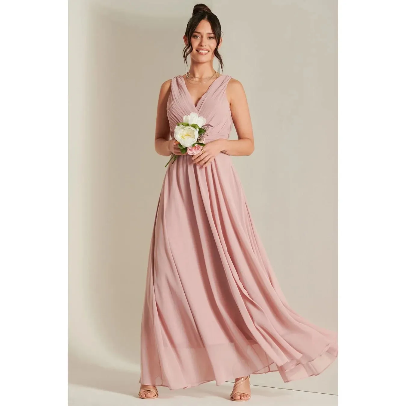 Blush Pink V-Neck Pleated Bodice Maxi Dress