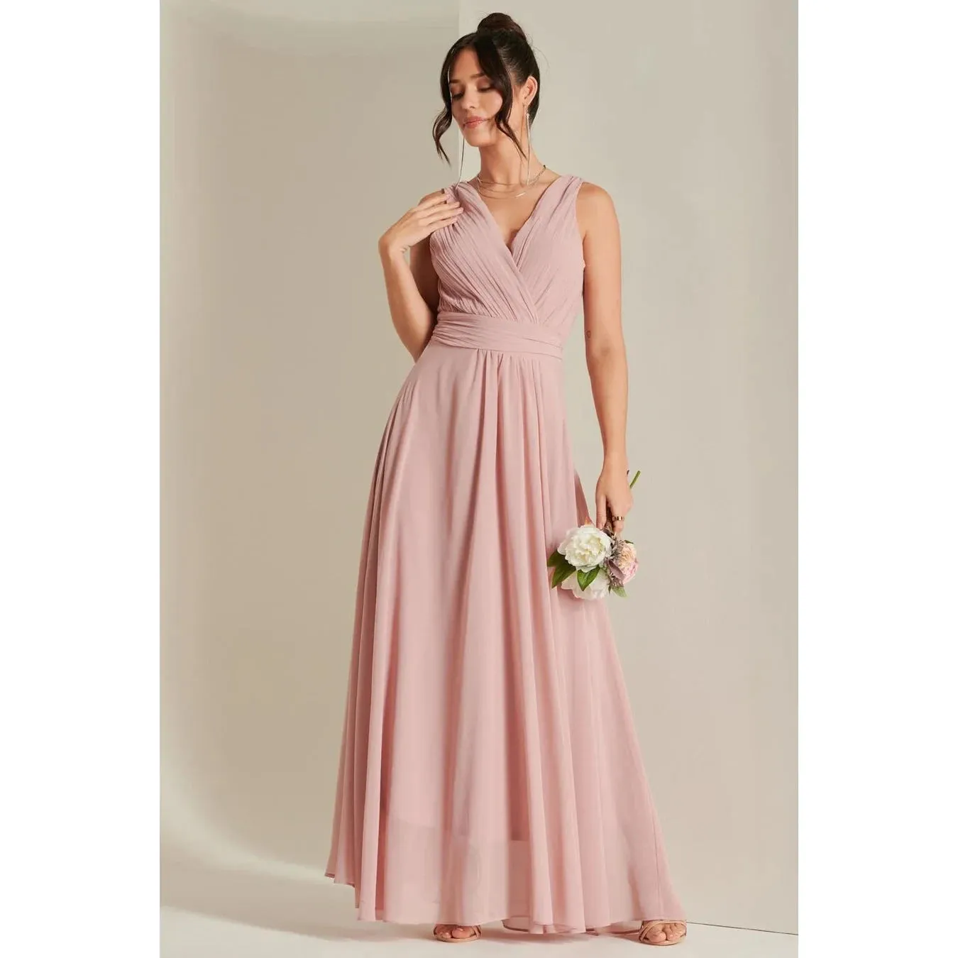 Blush Pink V-Neck Pleated Bodice Maxi Dress