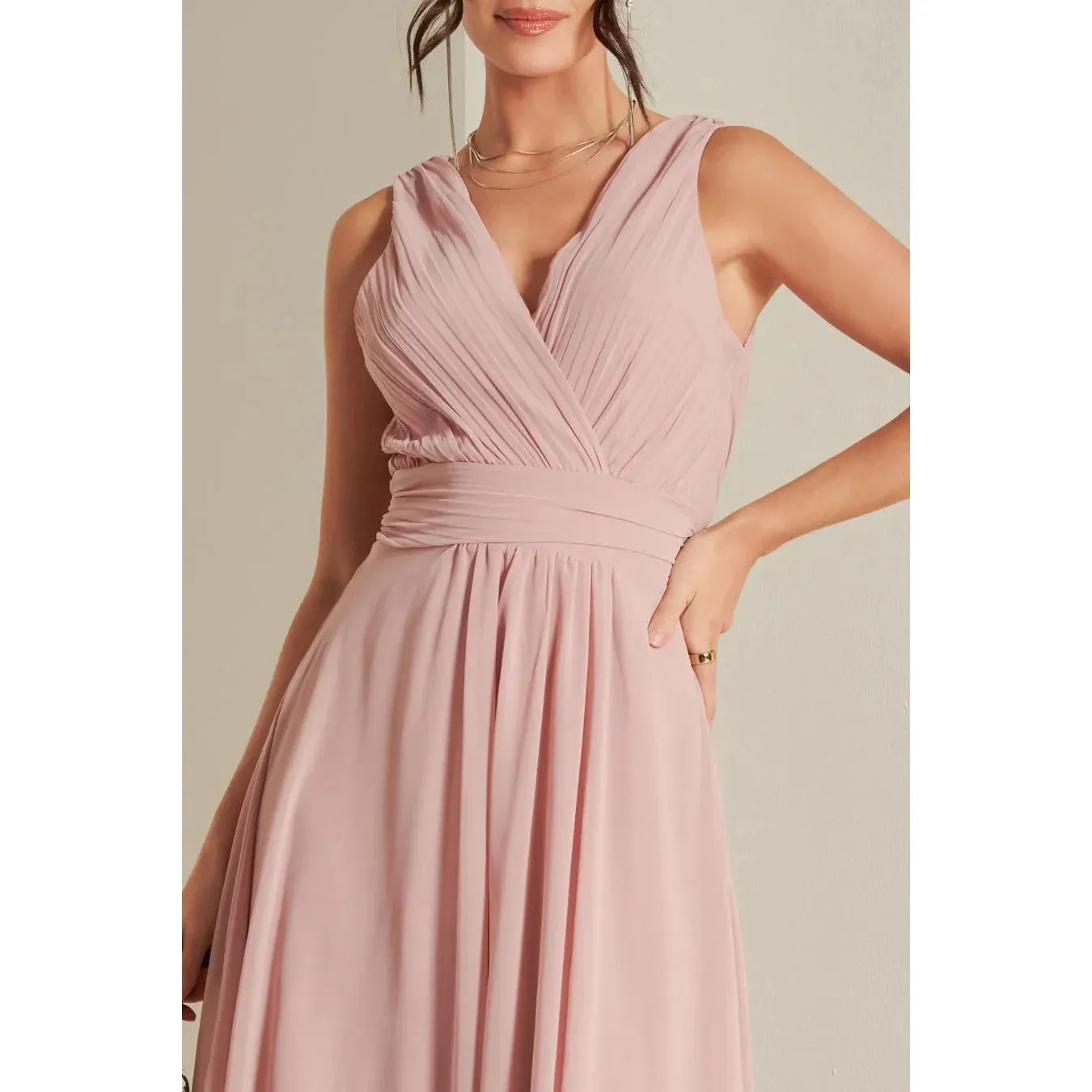 Blush Pink V-Neck Pleated Bodice Maxi Dress