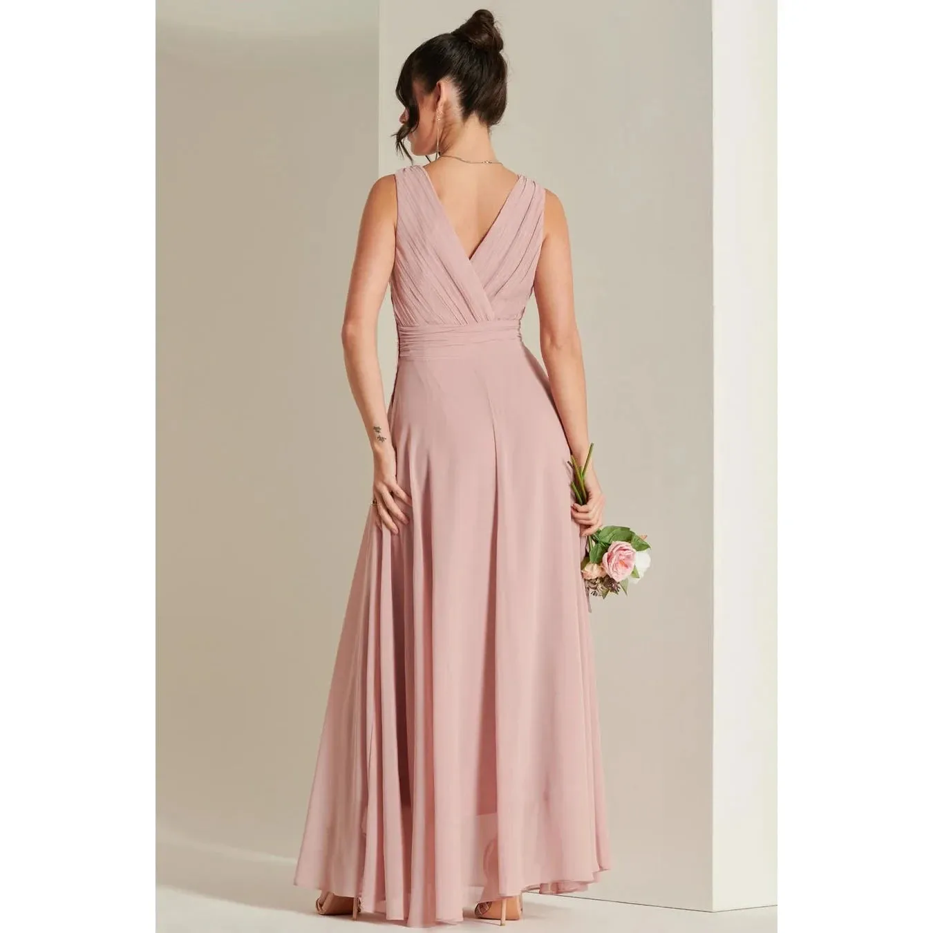 Blush Pink V-Neck Pleated Bodice Maxi Dress