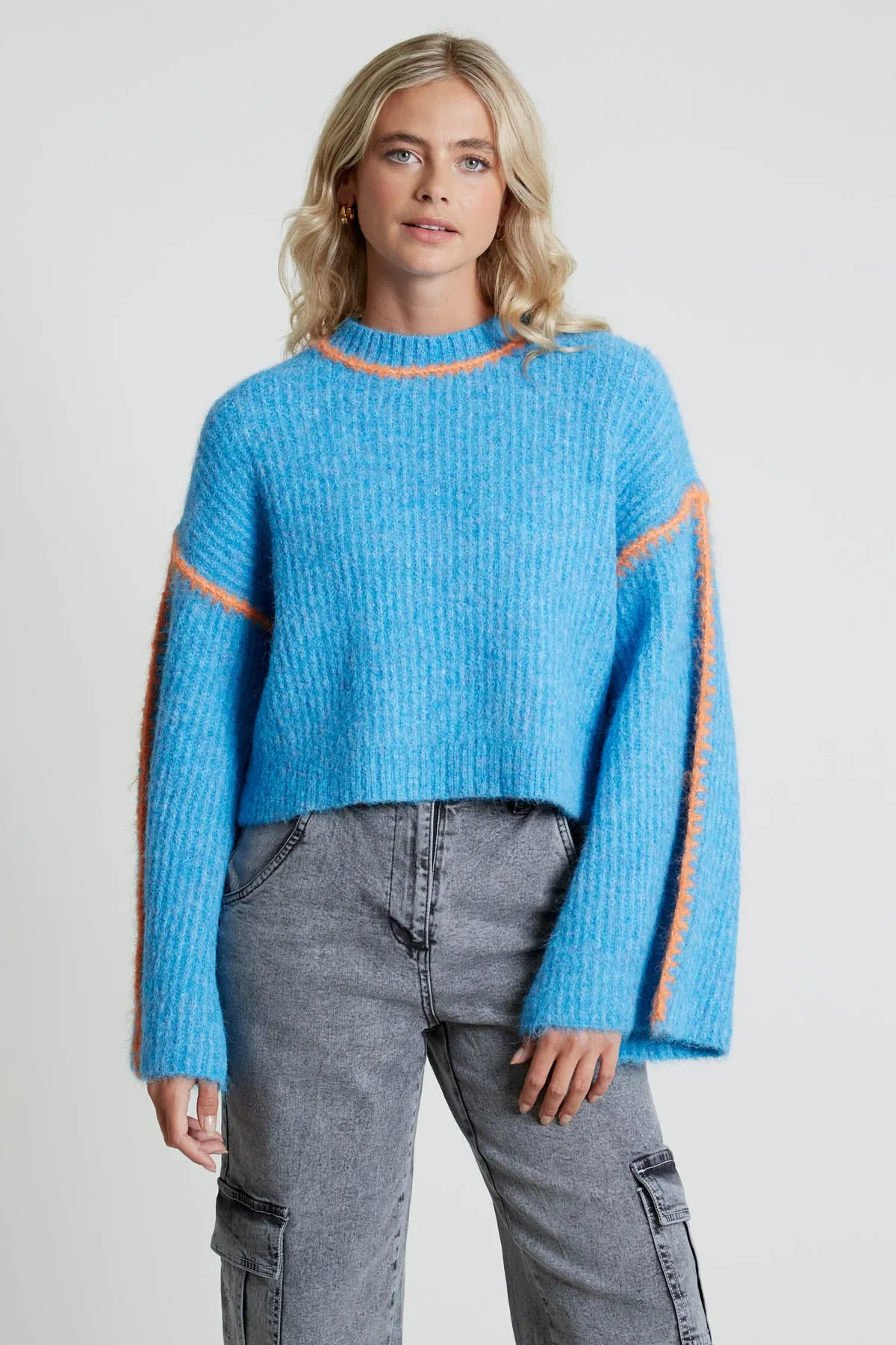 Bell Sleeve Knitted Jumper with Hand-Stitch Detail by Leni