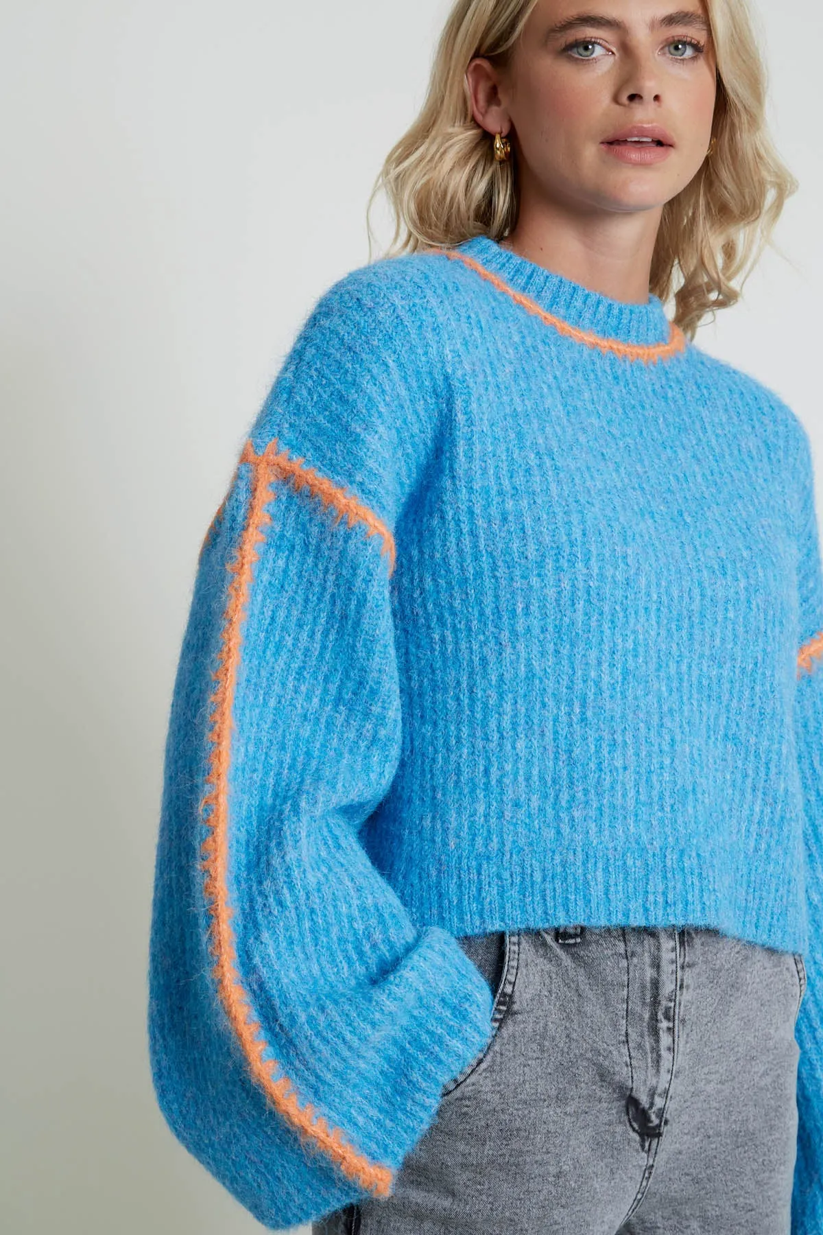 Bell Sleeve Knitted Jumper with Hand-Stitch Detail by Leni