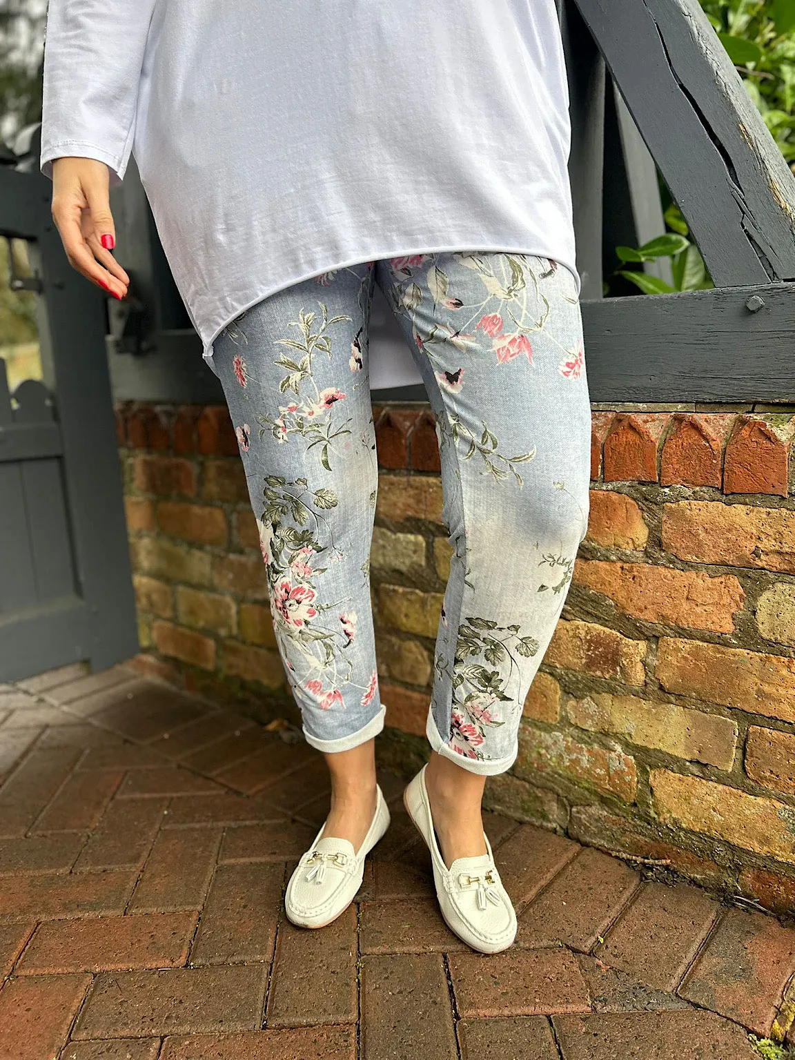 Printed Floral Joggers in Light Denim India