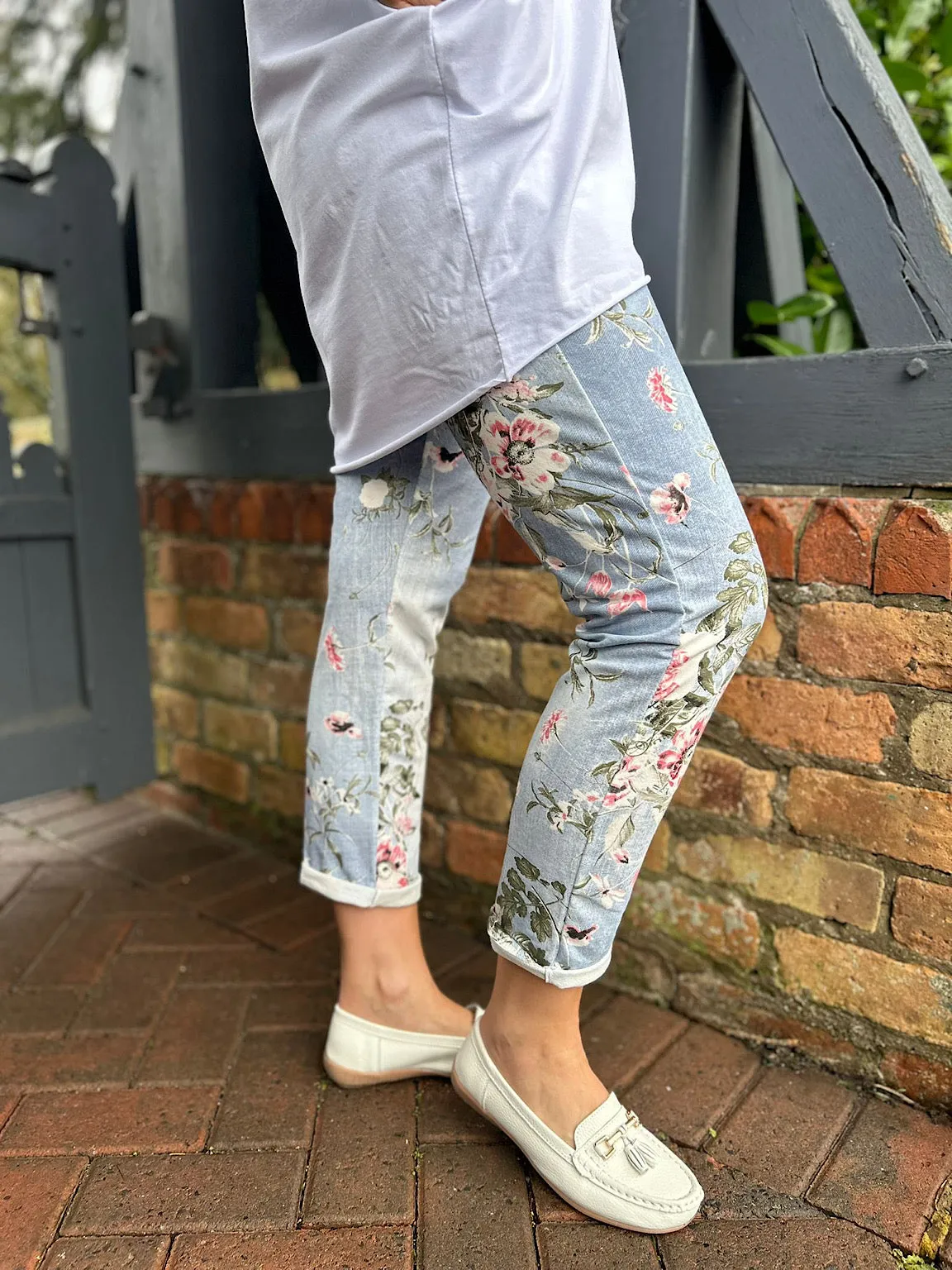 Printed Floral Joggers in Light Denim India