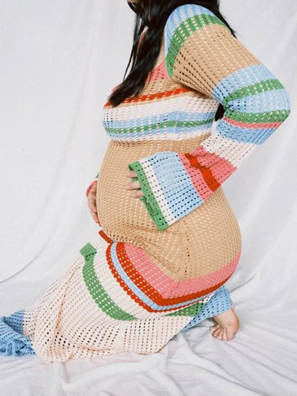 Light Blue Colorful Striped Hit Color Crochet Knitwear Hollow Maternity Photoshoot Maxi Dress