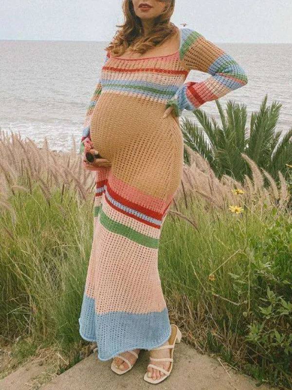 Light Blue Colorful Striped Hit Color Crochet Knitwear Hollow Maternity Photoshoot Maxi Dress