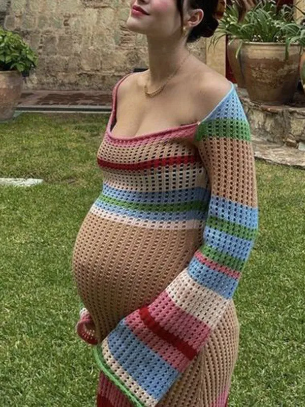 Light Blue Colorful Striped Hit Color Crochet Knitwear Hollow Maternity Photoshoot Maxi Dress