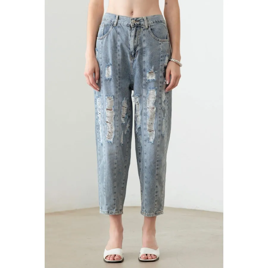 Litz Washed Barrel Leg High Waist Distressed Jeans