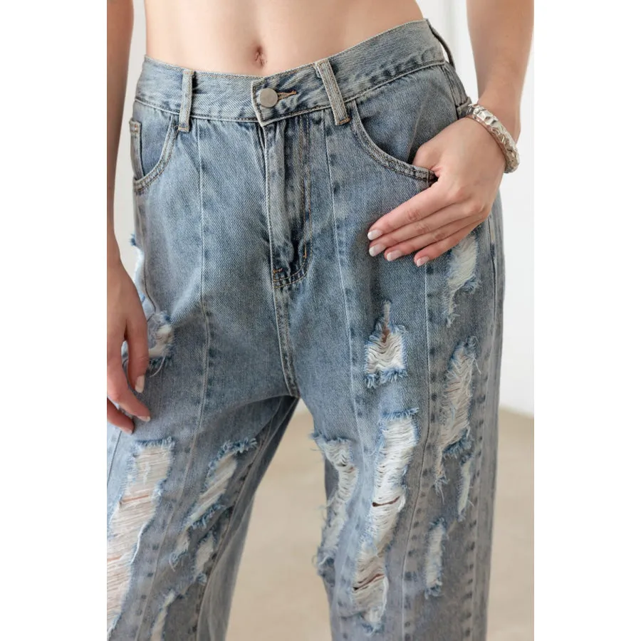 Litz Washed Barrel Leg High Waist Distressed Jeans