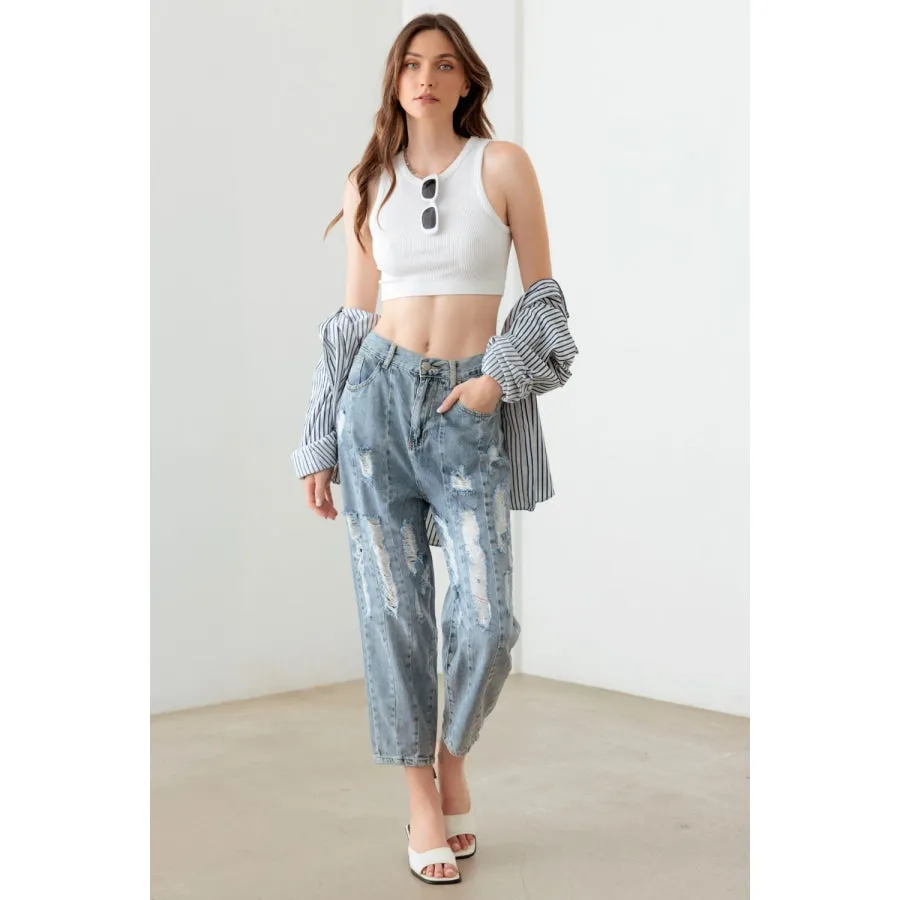 Litz Washed Barrel Leg High Waist Distressed Jeans