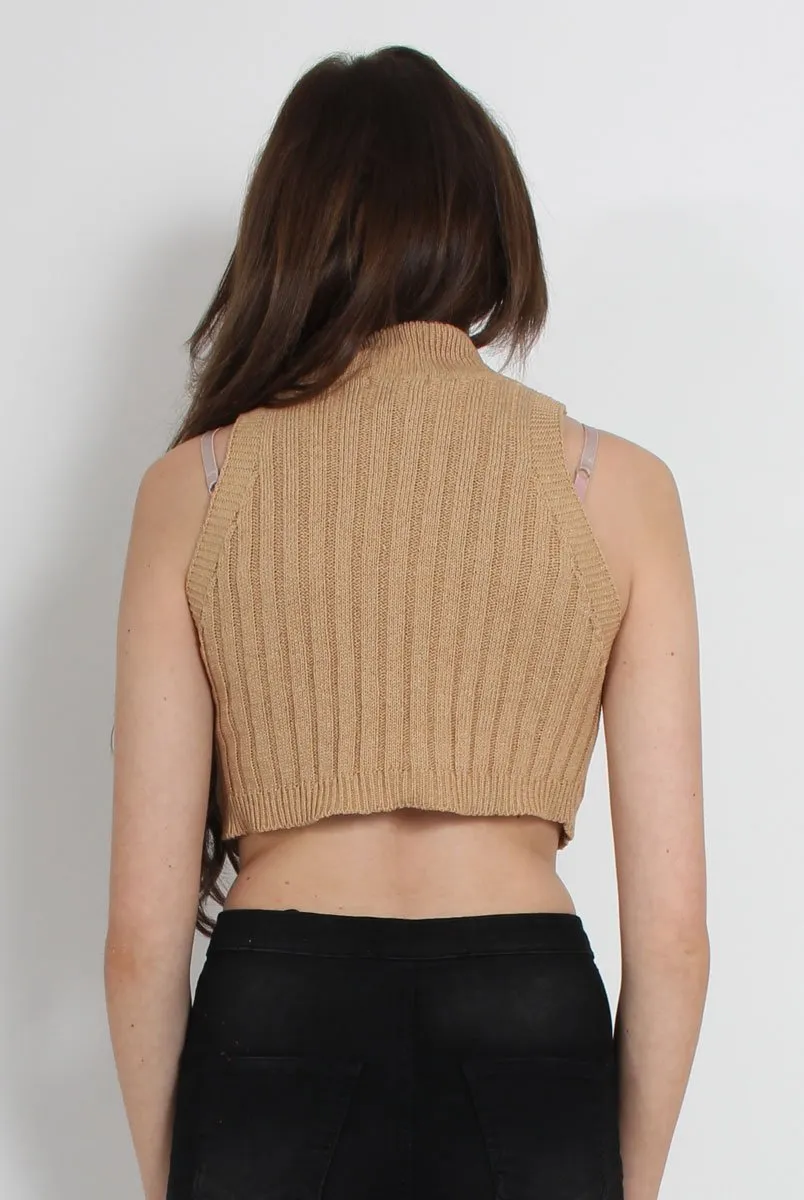 Women's Beige Knitted High Neck Top