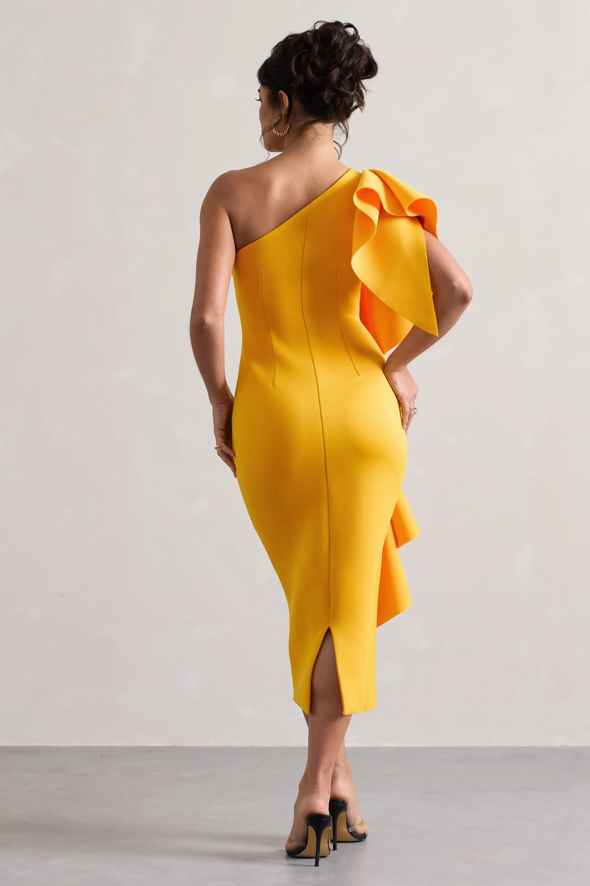 Mango One Shoulder Bodycon Midi Dress with Ruffle