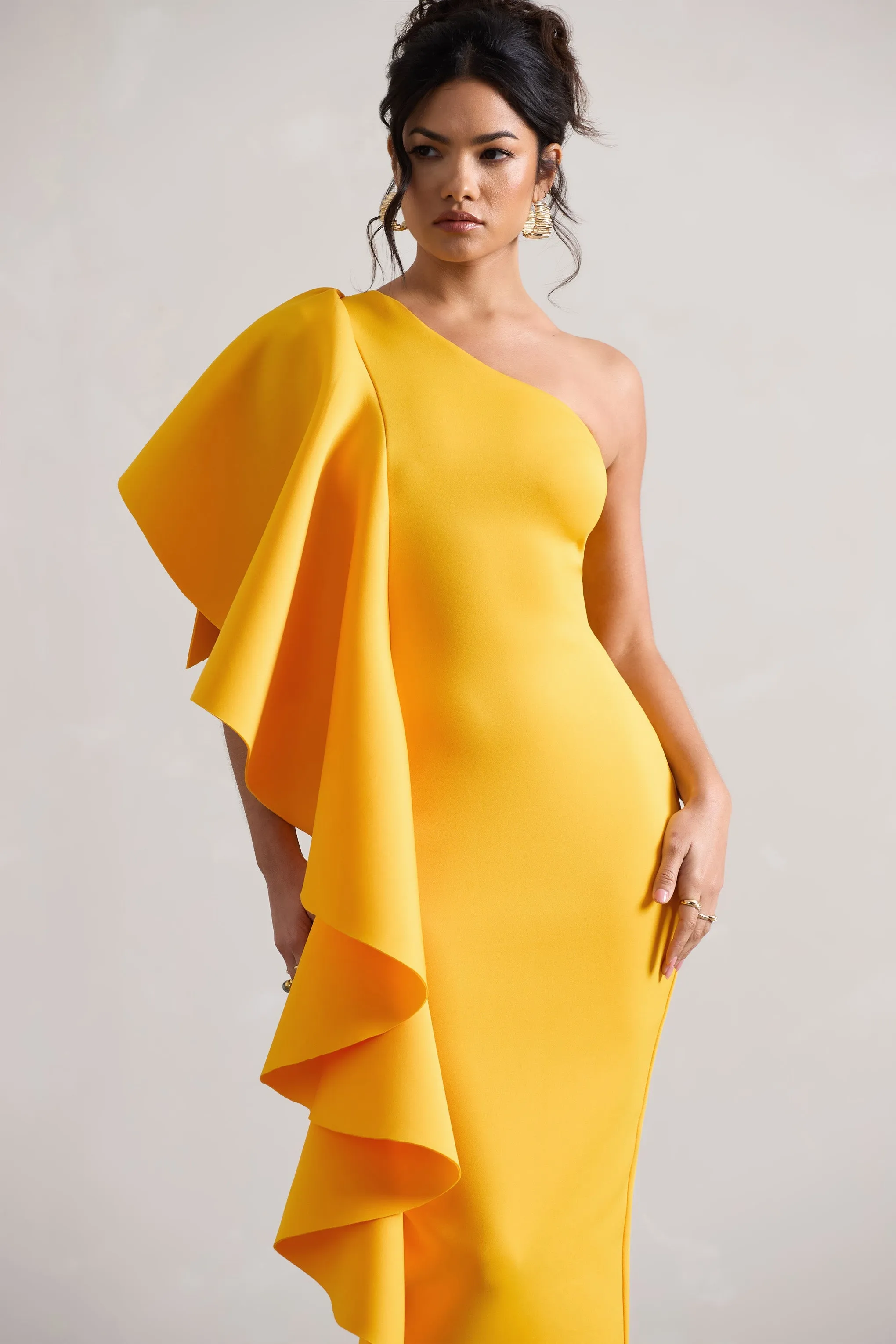 Mango One Shoulder Bodycon Midi Dress with Ruffle