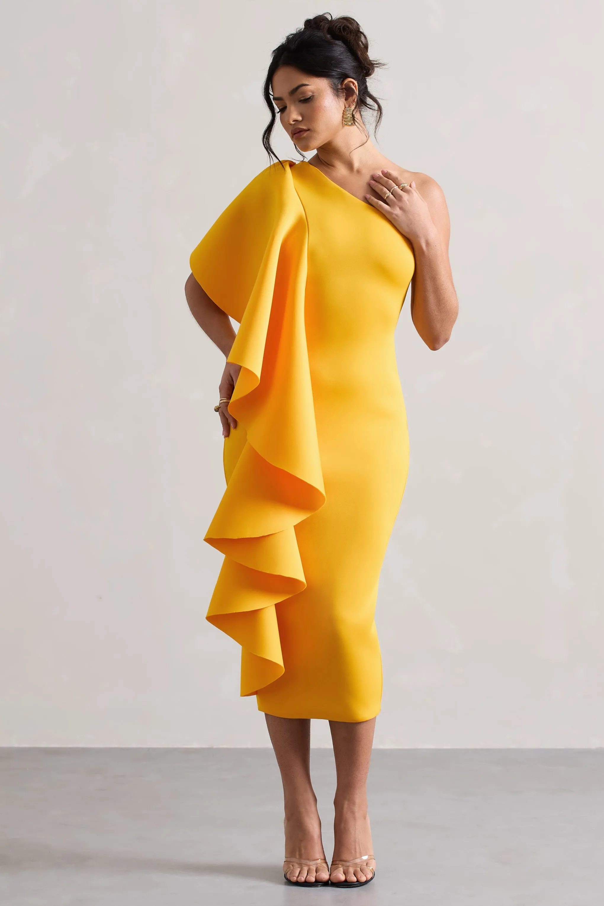 Mango One Shoulder Bodycon Midi Dress with Ruffle