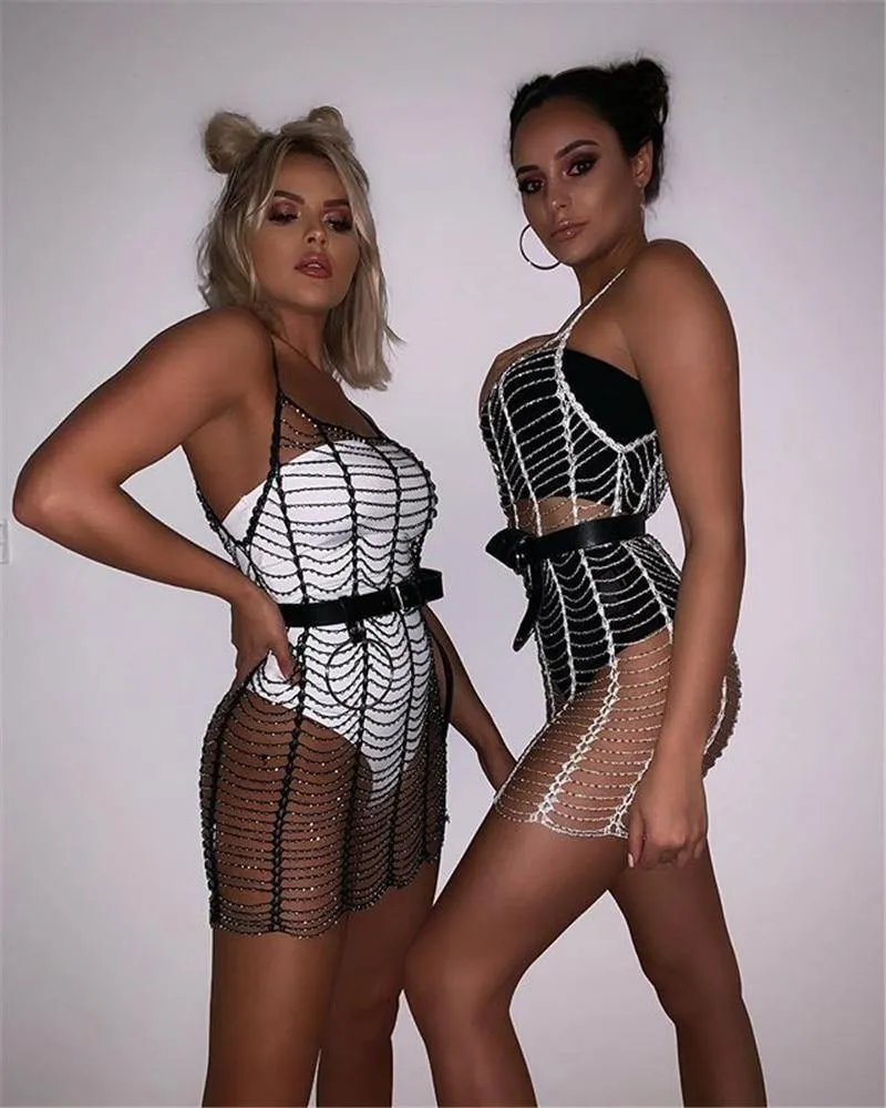 Rhinestone Fishnet Bodycon Dress with Mesh Detail