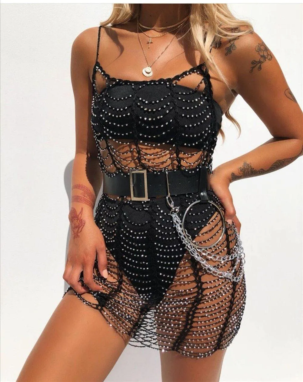 Rhinestone Fishnet Bodycon Dress with Mesh Detail