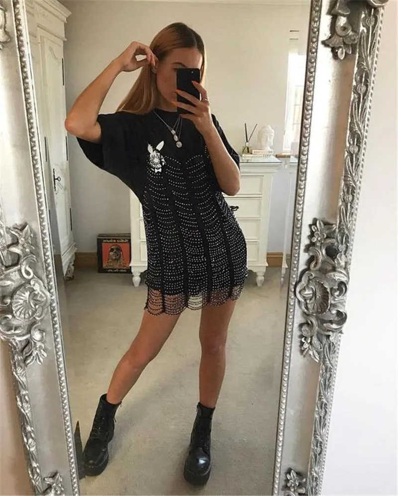 Rhinestone Fishnet Bodycon Dress with Mesh Detail