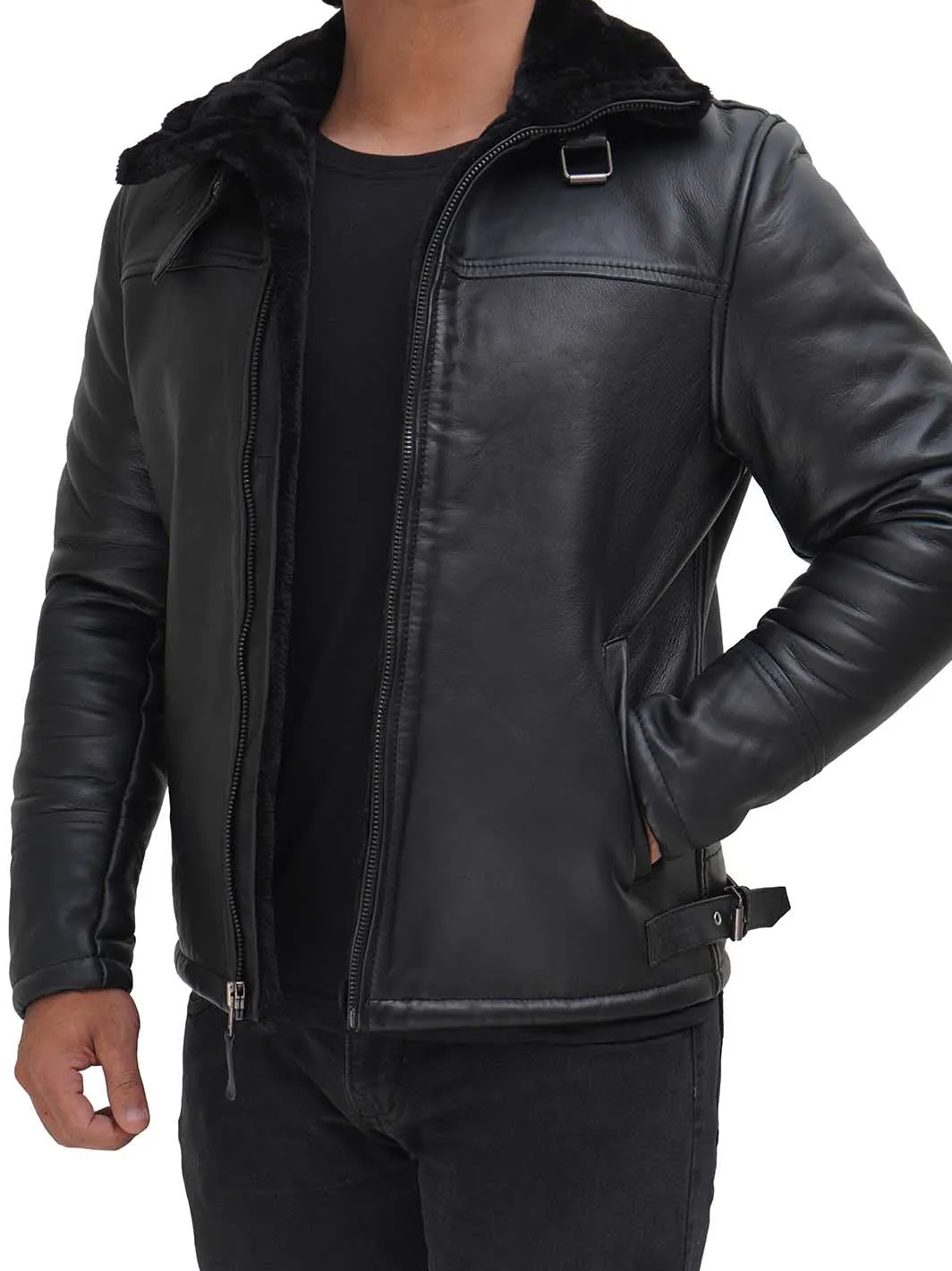 Mens Black Shearling Bomber Jacket