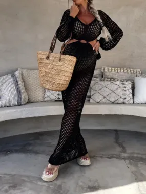 Chic Black Crochet Knitwear Cutout Bare Waist Transparent Holiday Photoshoot Cover-Ups Maternity Maxi Dress