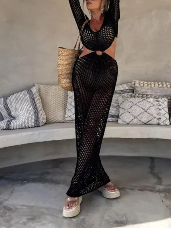 Chic Black Crochet Knitwear Cutout Bare Waist Transparent Holiday Photoshoot Cover-Ups Maternity Maxi Dress