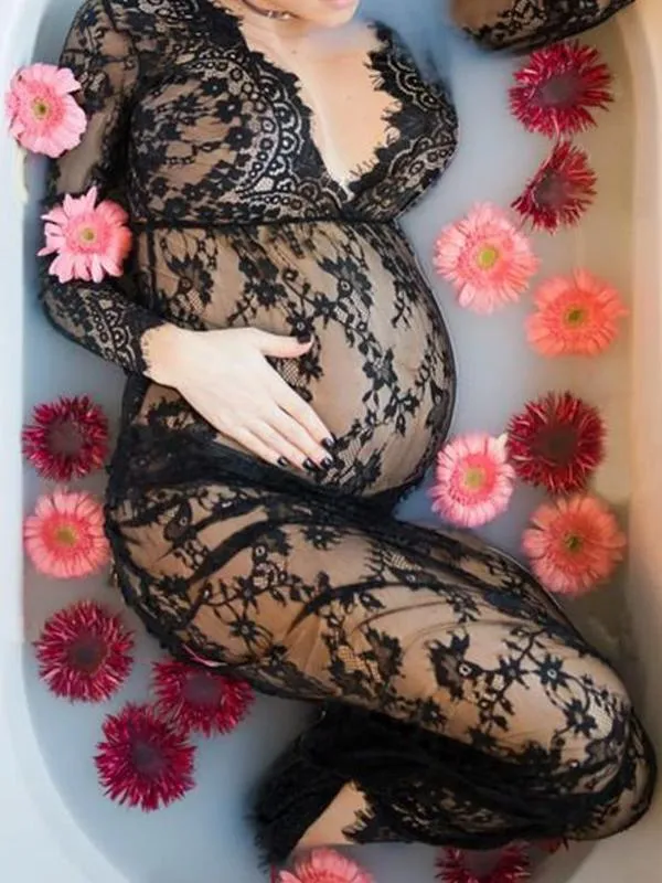 Floral Lace Deep V-neck Maternity Dress